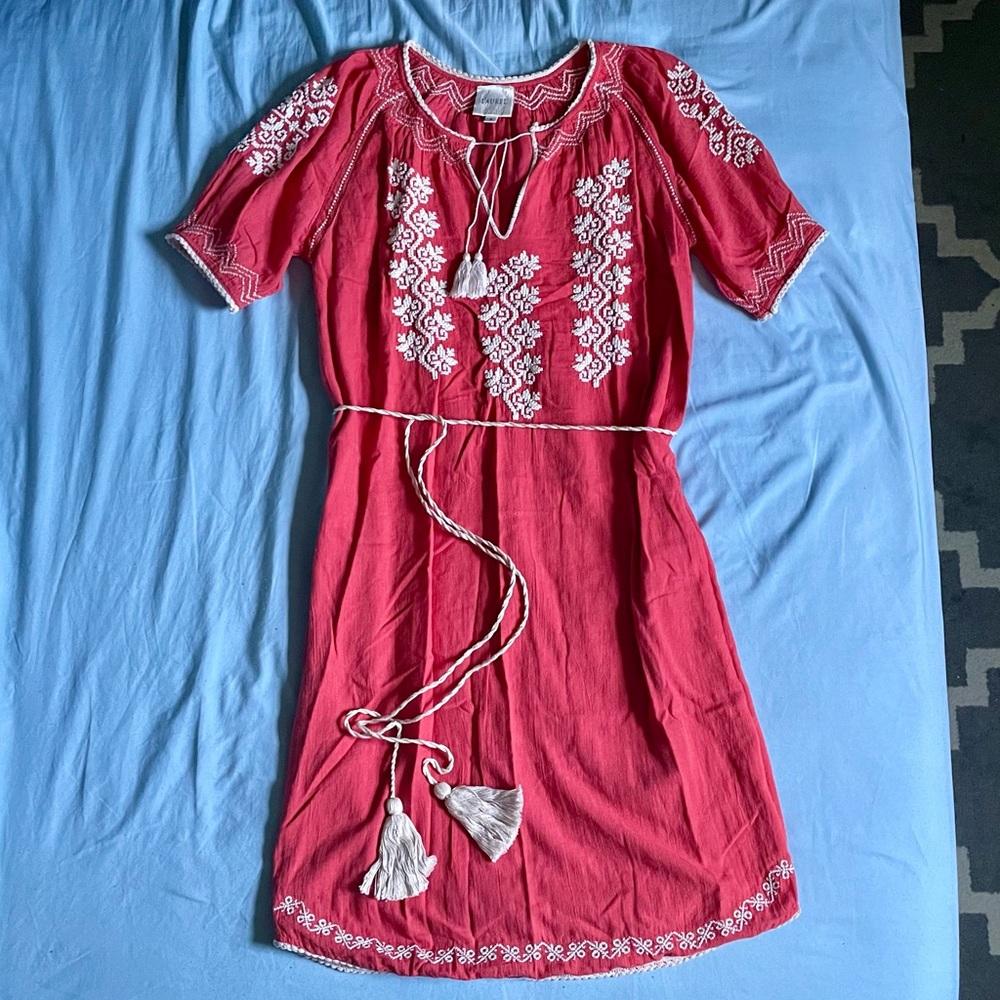 Laurel ANTHROPOLOGIE Coral/Pink Gauze Embroidered Boho Folkloric DRESS 4/S